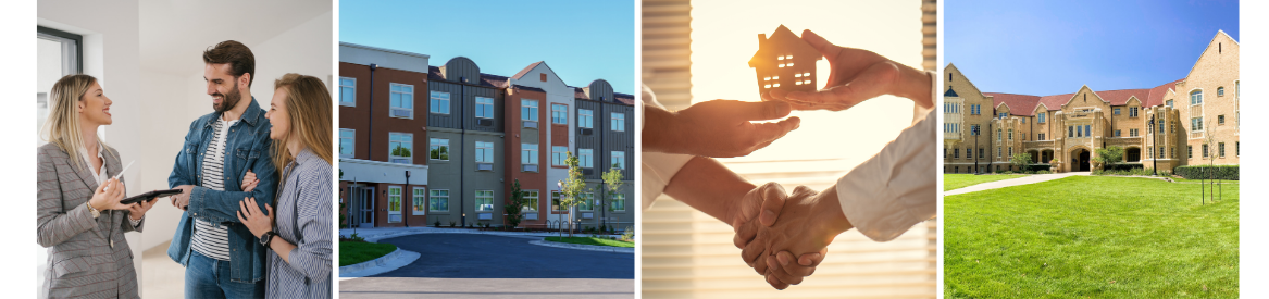 4 photos representing real estate. 2 are photos of apartment buildings and two photos are showing real estate transactions